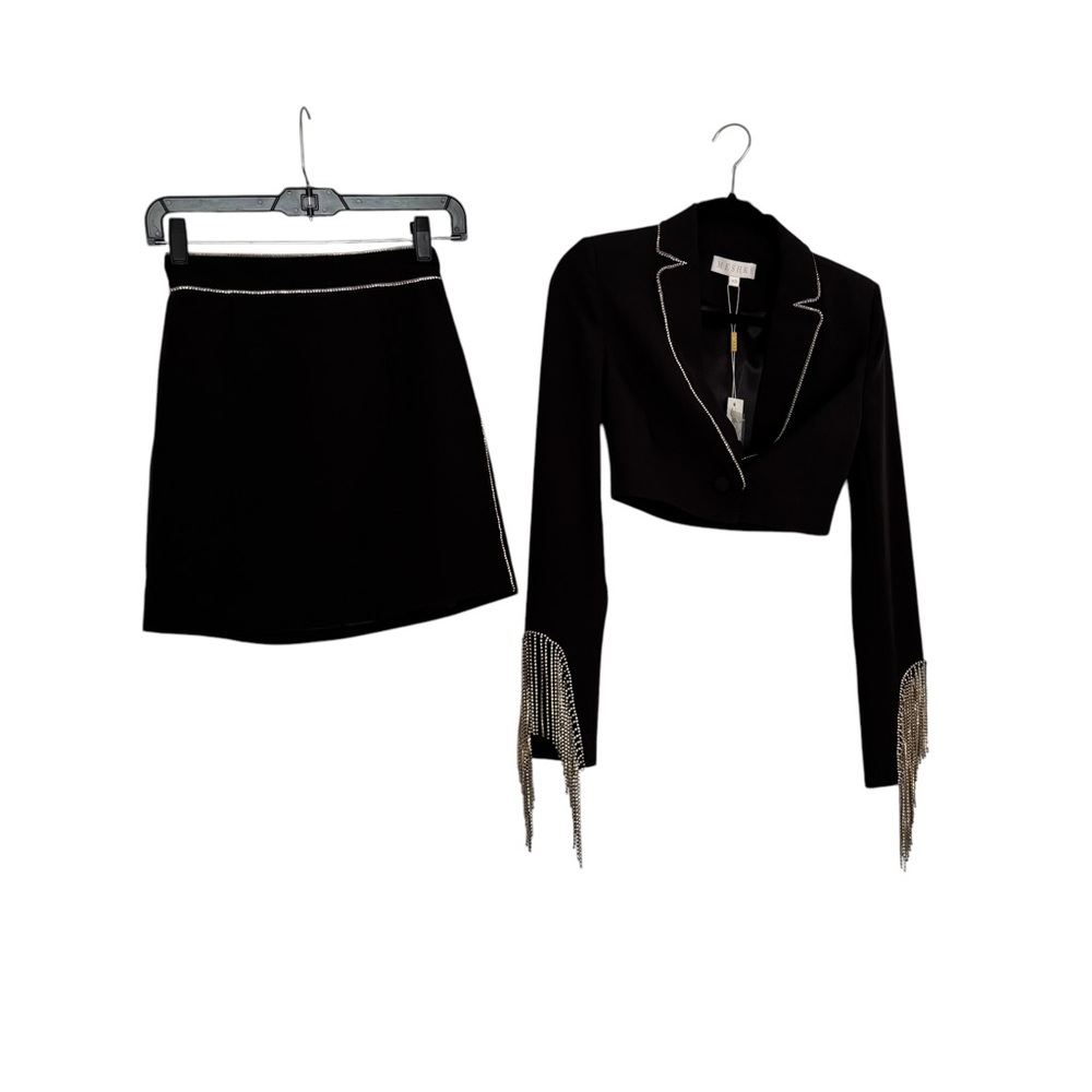 Meshki Mackenzie Diamonte Skirt & Cropped Blazer Rhinestone Fringe Womens XS